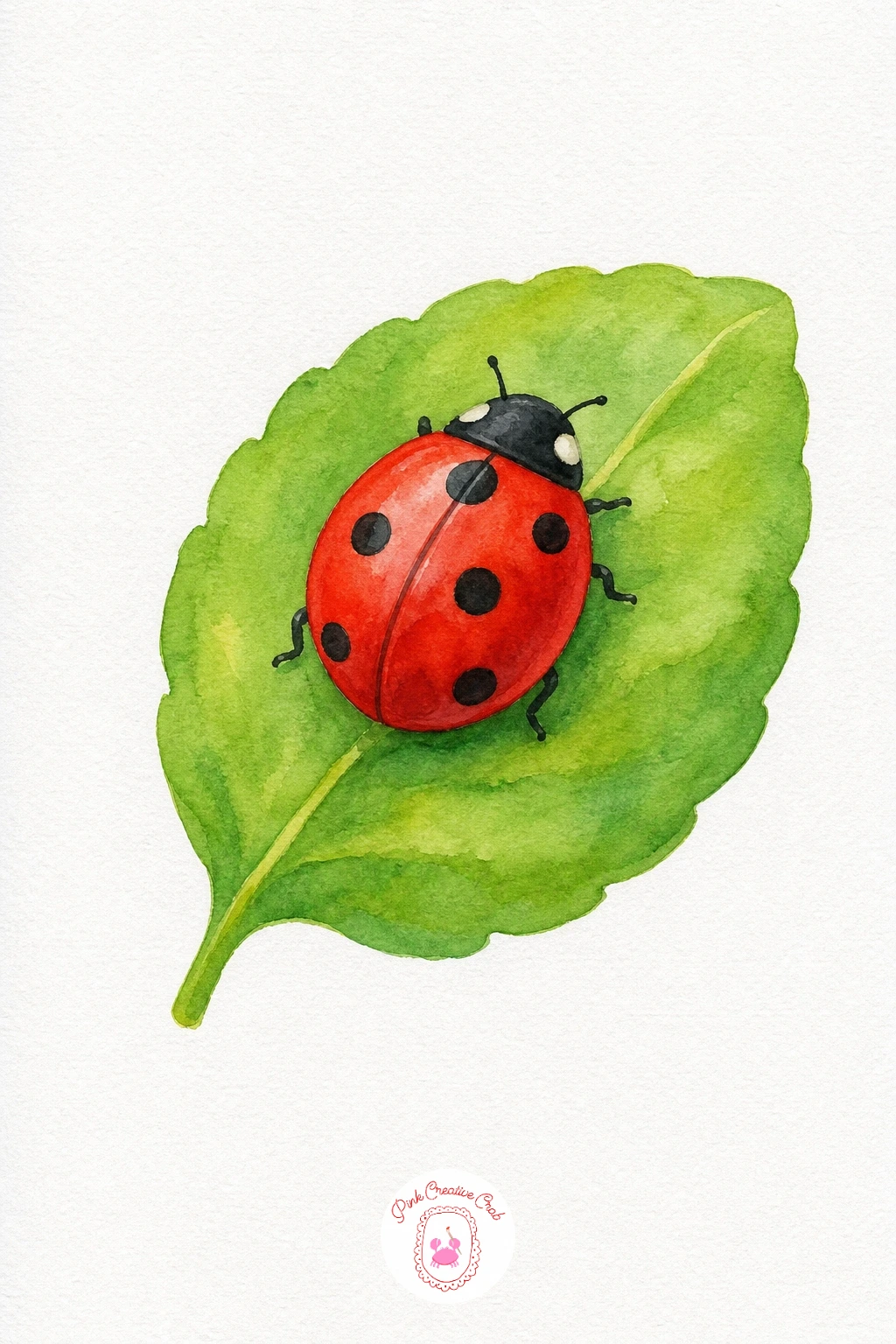 Ladybird on a Leaf — Paint the leaf first in a fresh green wash, varying it slightly lighter near the edges so it does not sit flat. Nature watercolor