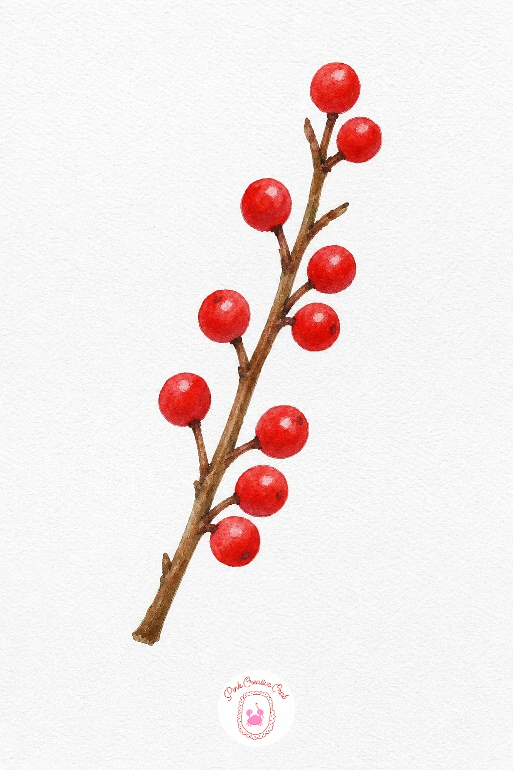 Twig With Berries — Paint the twig first in a thin line of warm brown, then paint each berry as a small flat circle of bright red, leaving a tiny gap of white