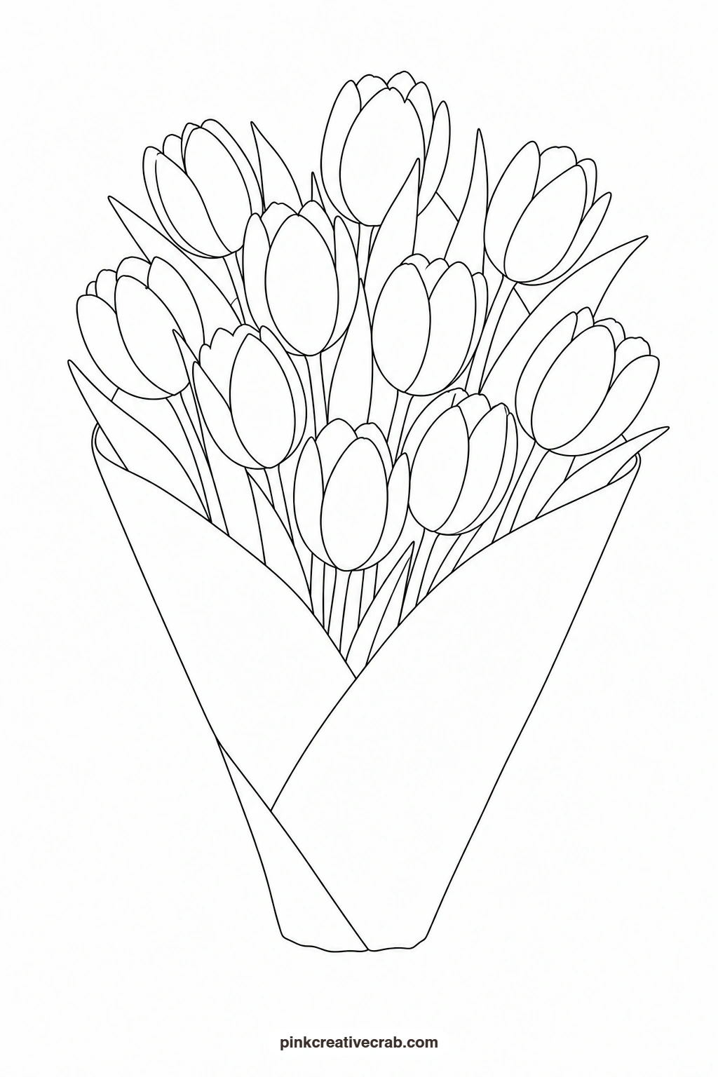 Tulip Bouquet Wrapped in Paper Outline printable page. Watercolor flower bouquet