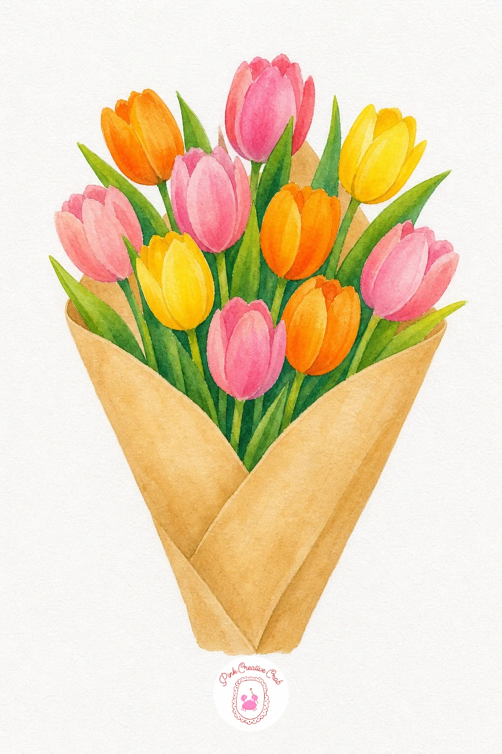 Tulip Bouquet Wrapped in Paper — Wash the paper cone first in a thin wash of raw sienna, leaving the fold lines as a touch of white paper showing through.