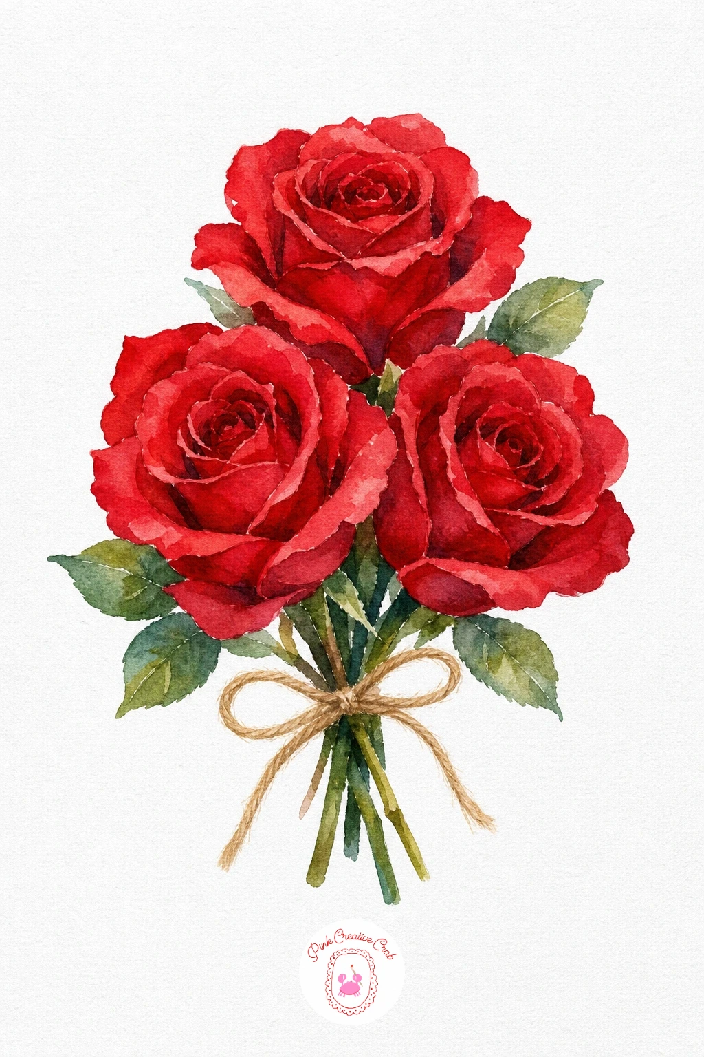 Three Roses Tied With String — Build each rose from the center out: a small spiral of deep red in the middle, then a looser ring of lighter red-pink petals