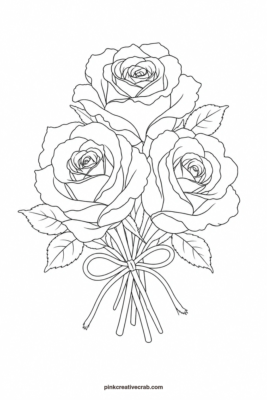 Three Roses Tied With String Outline printable page. Watercolor flower bouquet
