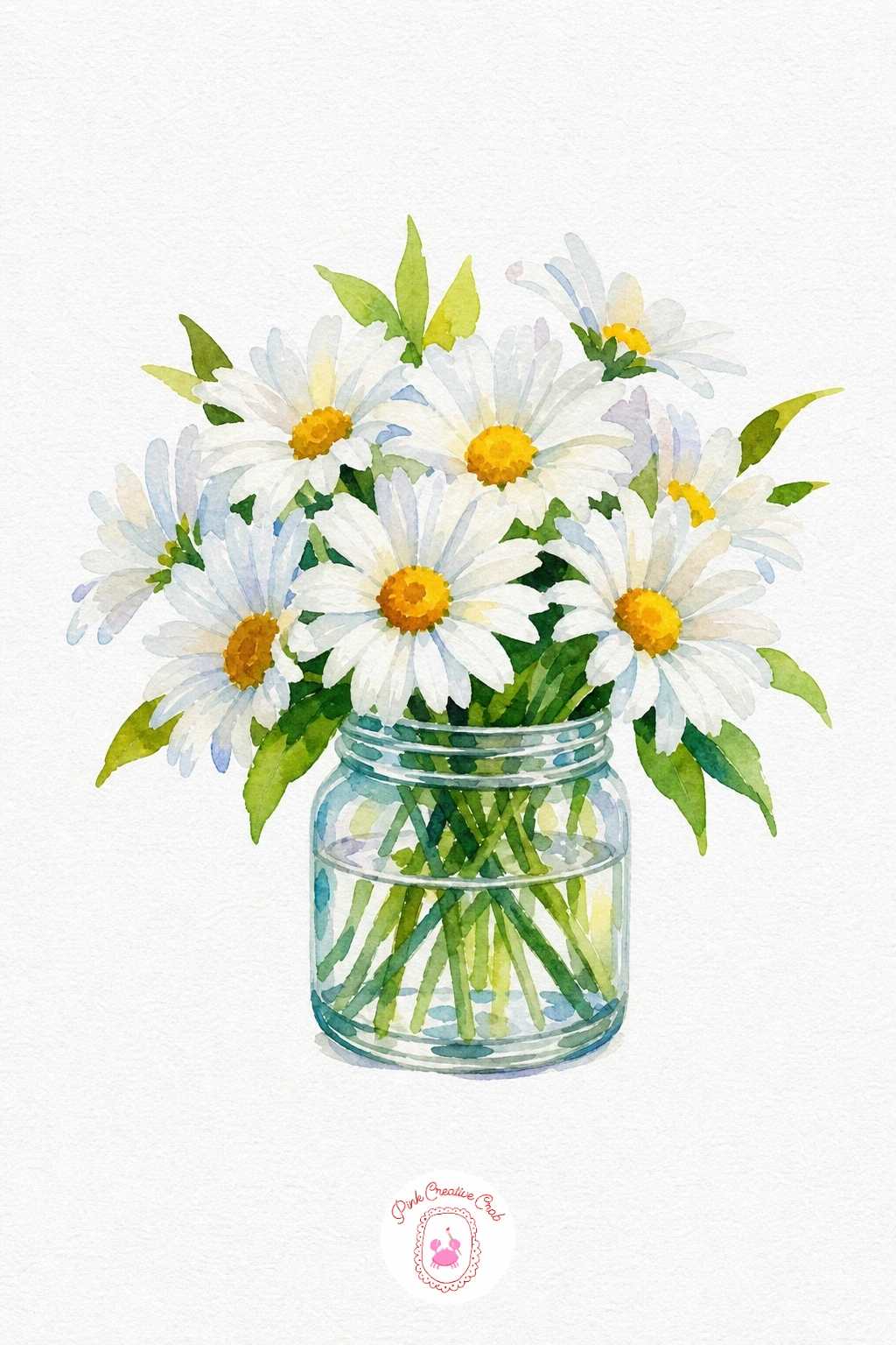 Jar of Daisies — Leave the daisy petals as bare white paper and only paint a pale grey-blue shadow along one side of each petal to give them shape. Watercolor
