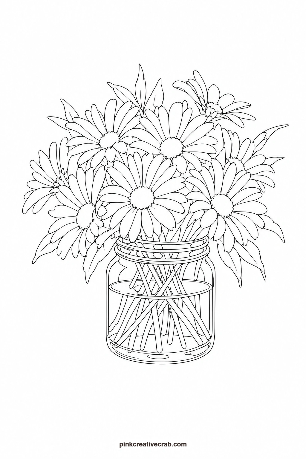 Jar of Daisies Outline printable page. Watercolor flower bouquet