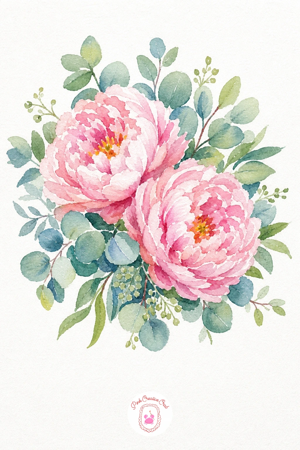 Peony and Eucalyptus Posy — Wet each peony shape fully with clean water first, then drop in blush pink at the center and let it spread toward the edges on its
