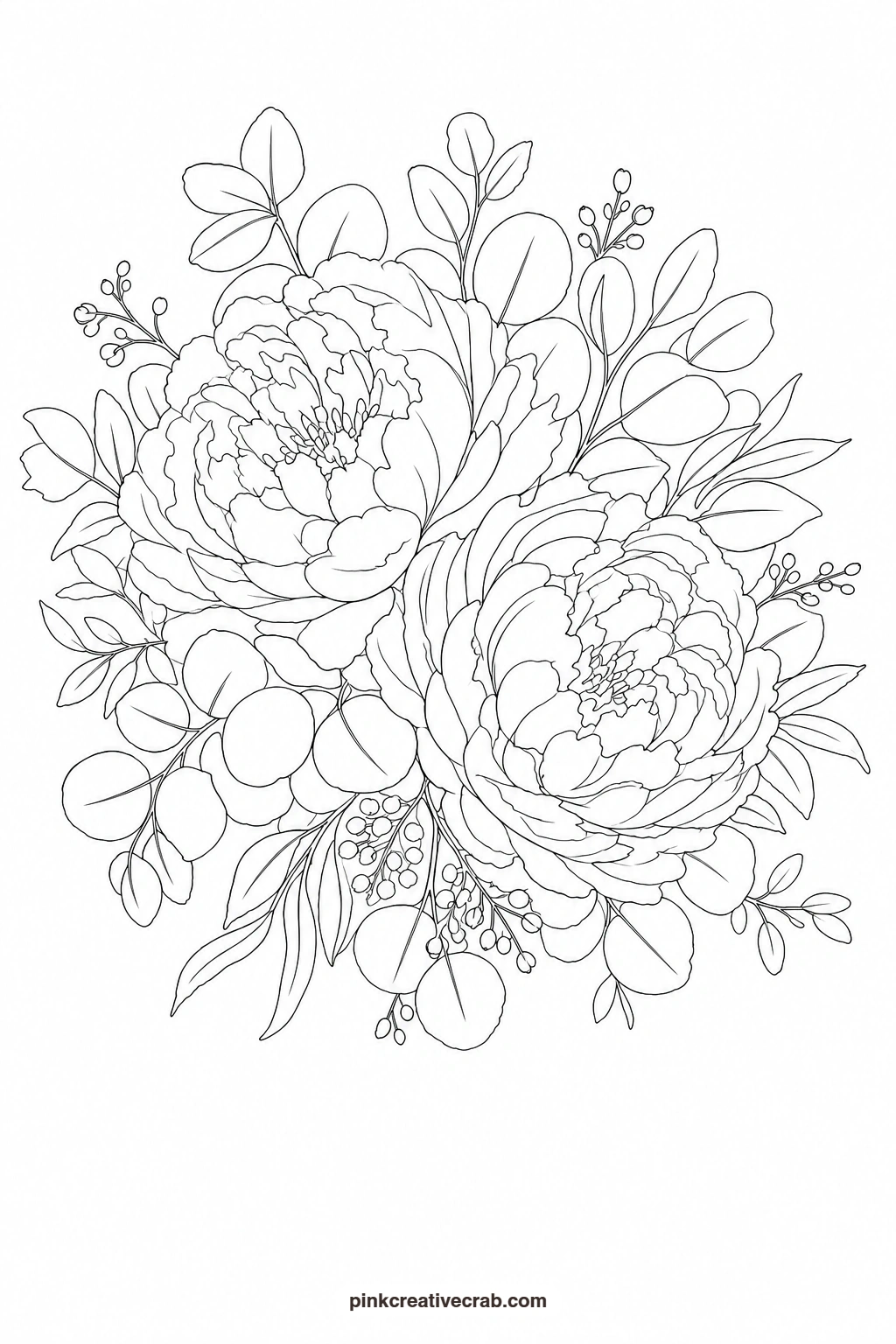 Peony and Eucalyptus Posy Outline printable page. Watercolor flower bouquet