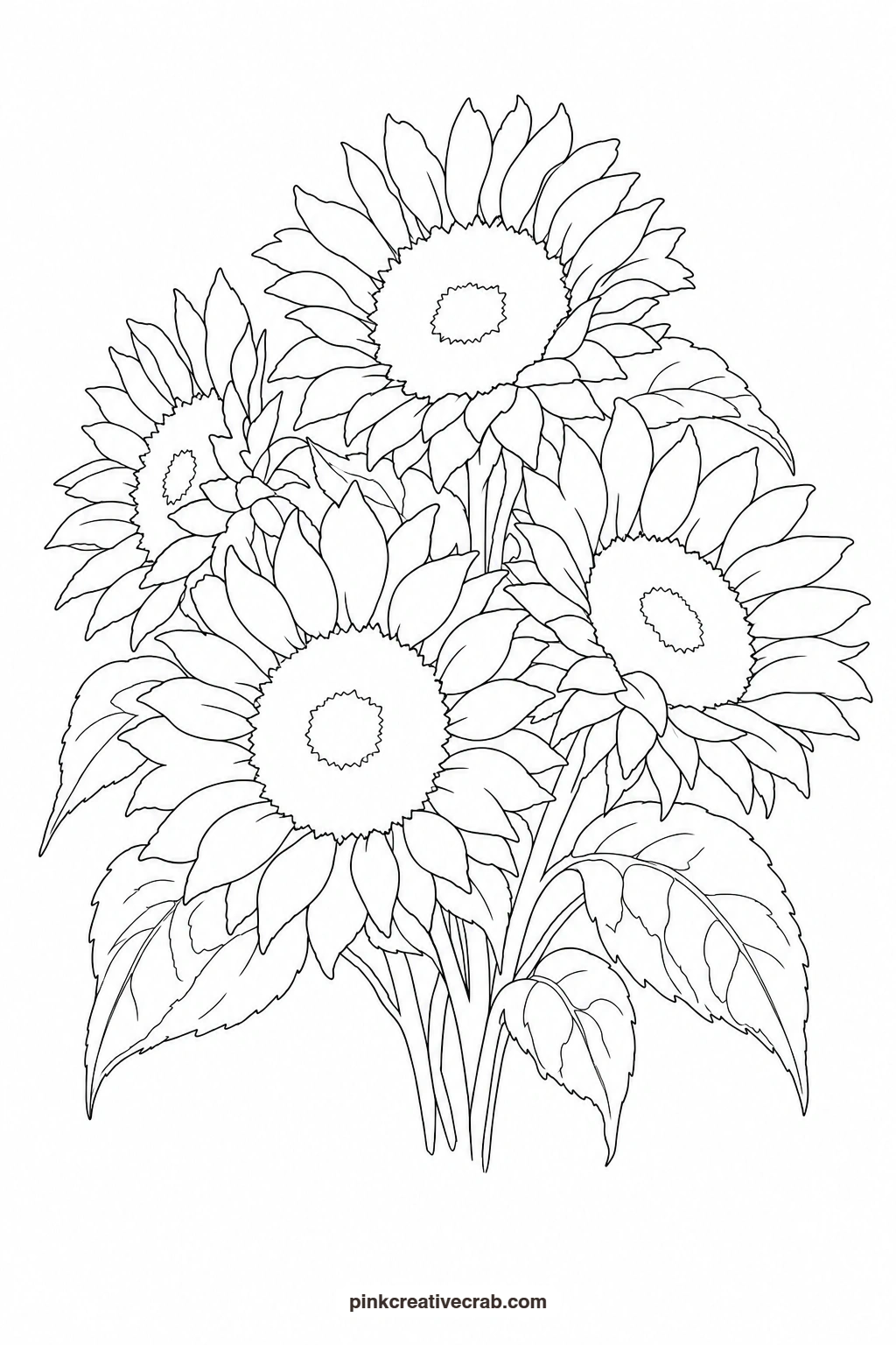 Sunflower Bunch Outline printable page. Watercolor flower bouquet