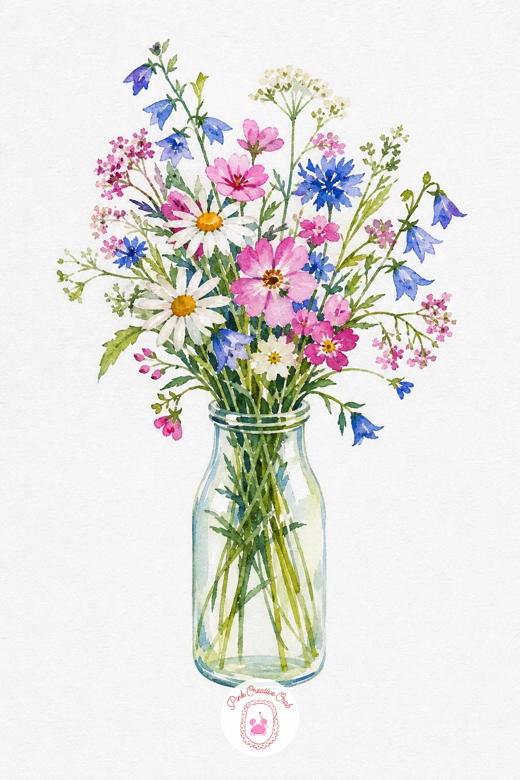 Wildflower Bouquet in a Milk Bottle — Give each wildflower its own flat color, pale pink, soft blue, white left as paper, so the mix reads as varied without