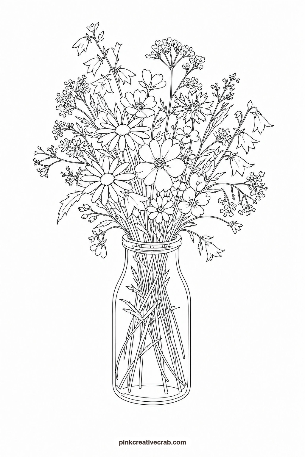 Wildflower Bouquet in a Milk Bottle Outline printable page. Watercolor flower bouquet