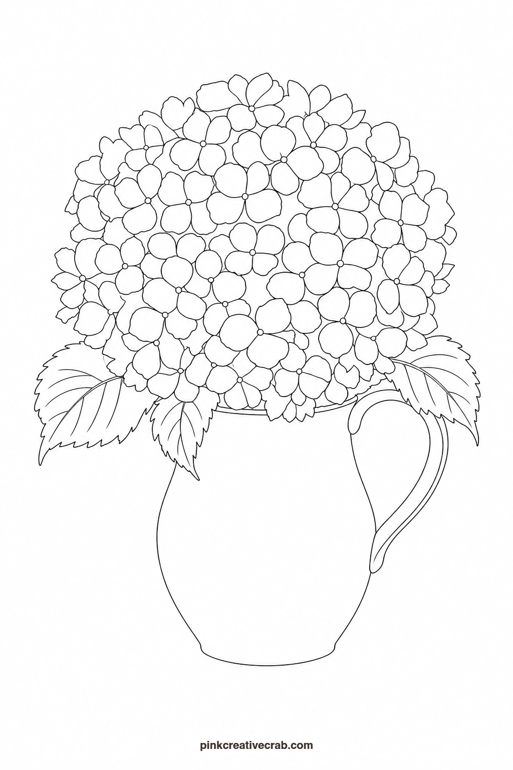 Hydrangea in a Jug Outline printable page. Watercolor flower bouquet