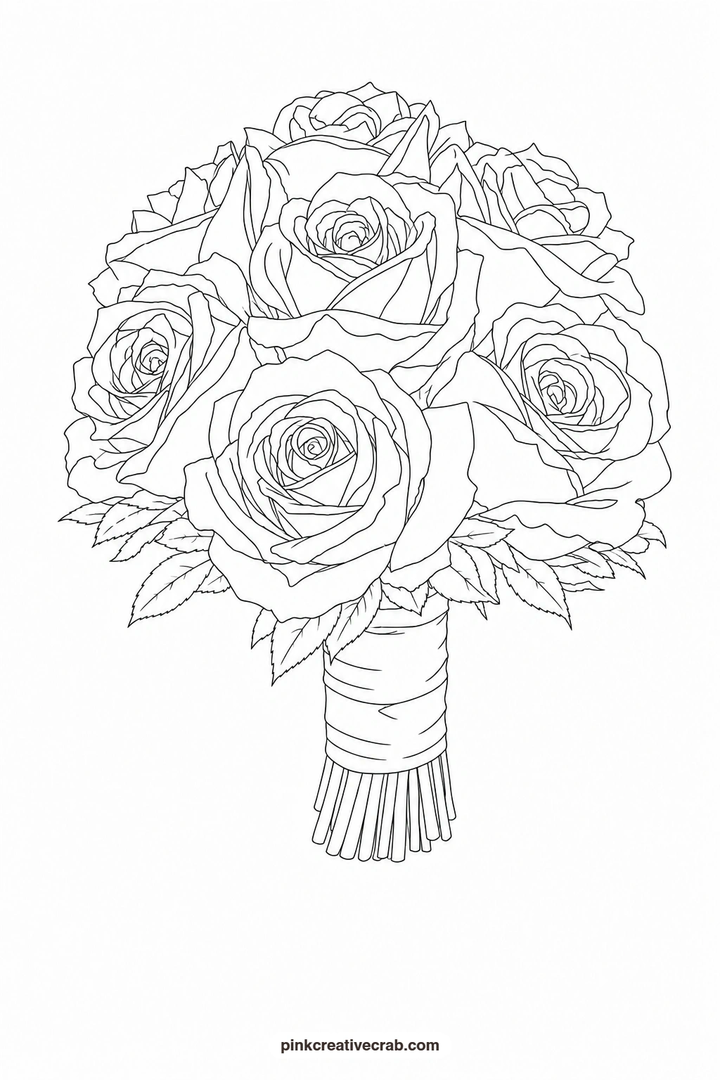 Bridal Posy of White Roses Outline printable page. Watercolor flower bouquet
