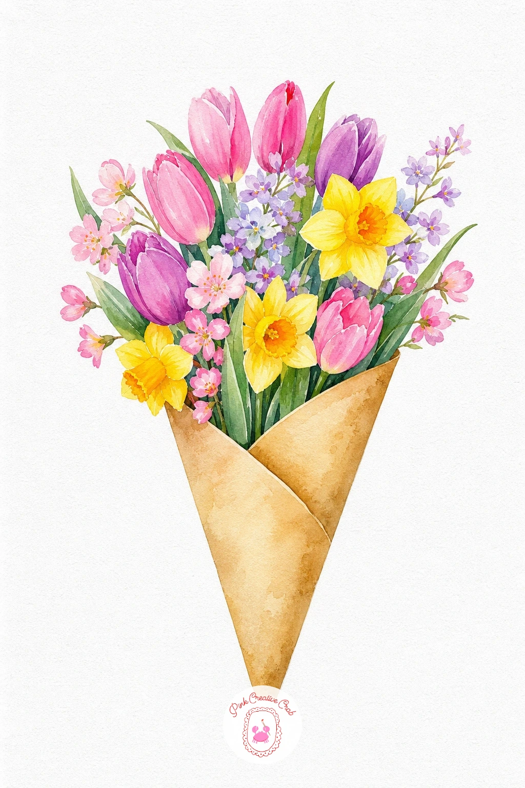 Cone of Spring Flowers — Give the cone itself a pale wash of dusty pink or kraft tan, then move through the flowers one color at a time rather than one flower