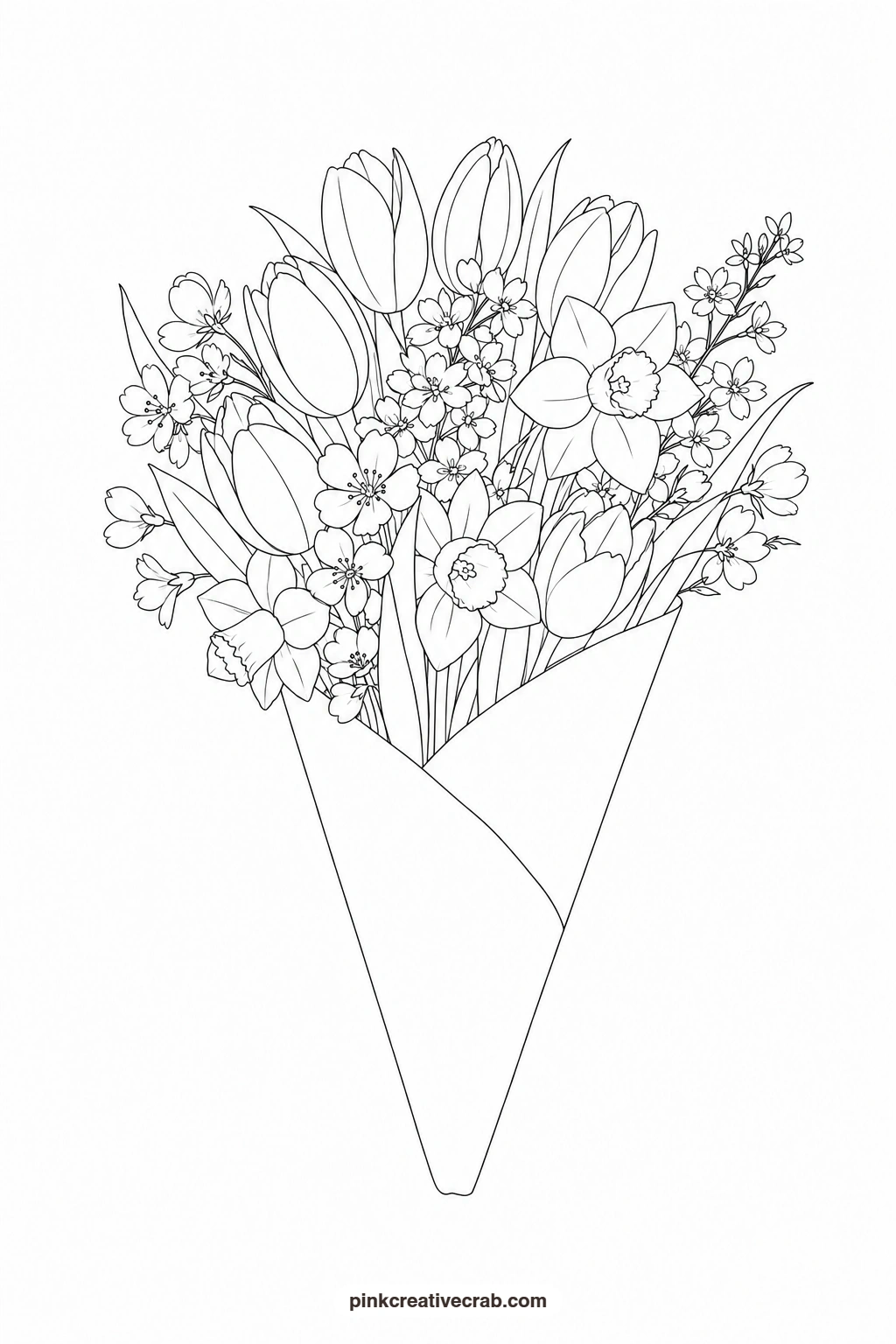 Cone of Spring Flowers Outline printable page. Watercolor flower bouquet