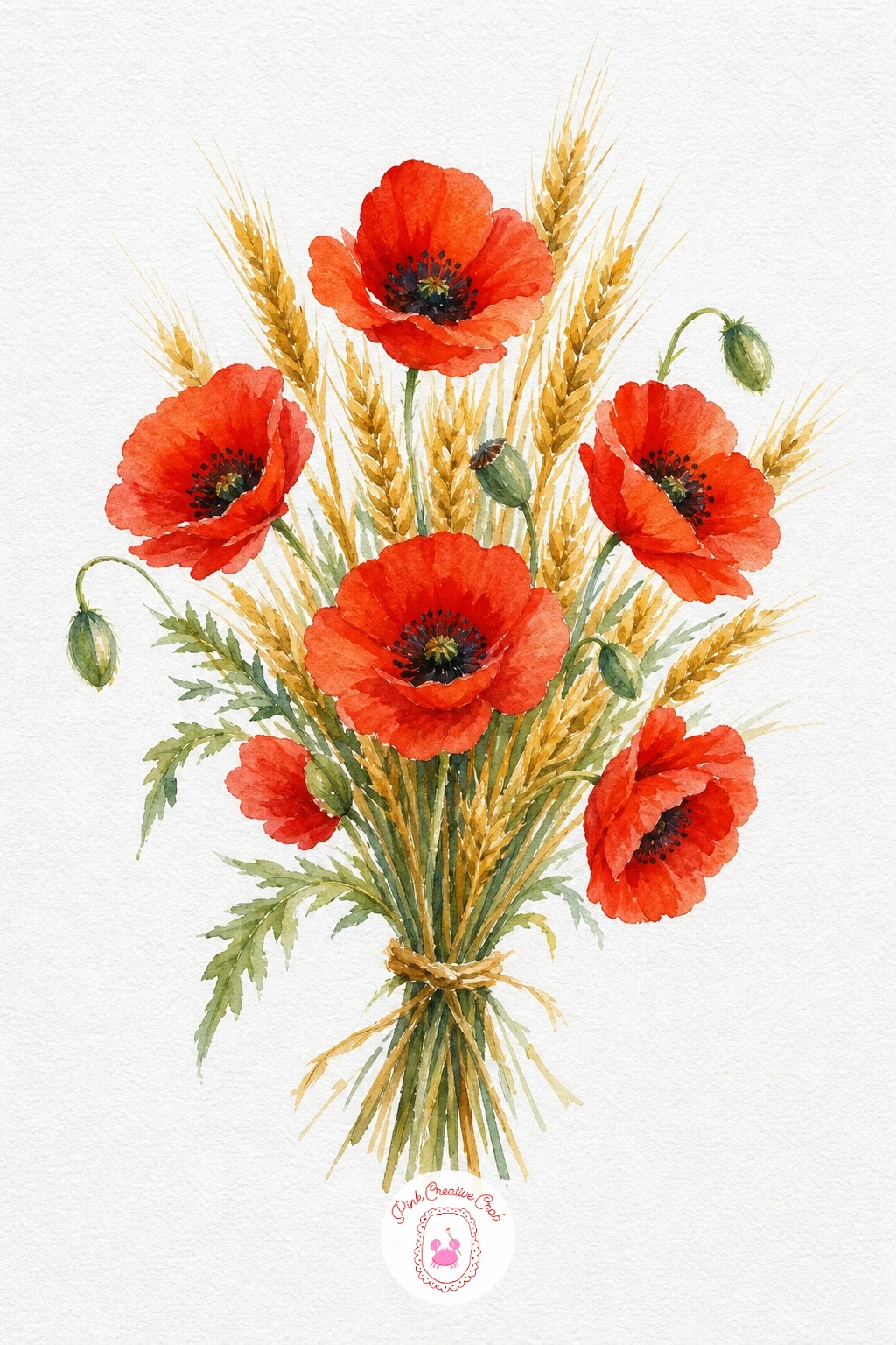 Poppy and Wheat Bunch — Paint the poppy petals in a bold flat red, letting the edges stay a little uneven rather than perfectly round, then once dry add a