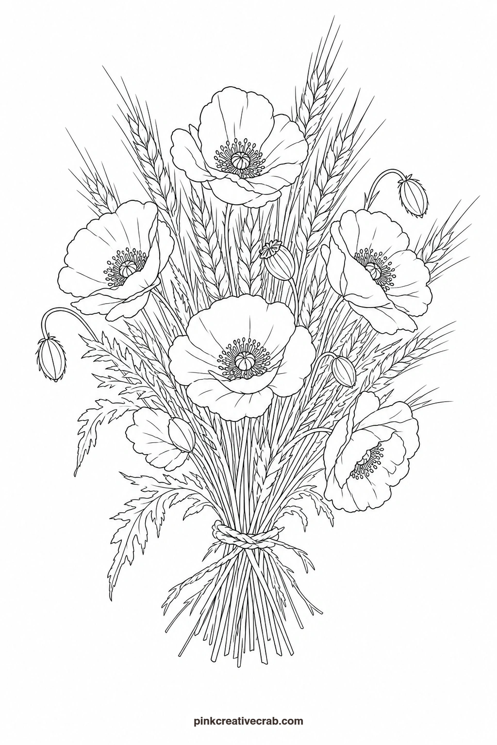 Poppy and Wheat Bunch Outline printable page. Watercolor flower bouquet