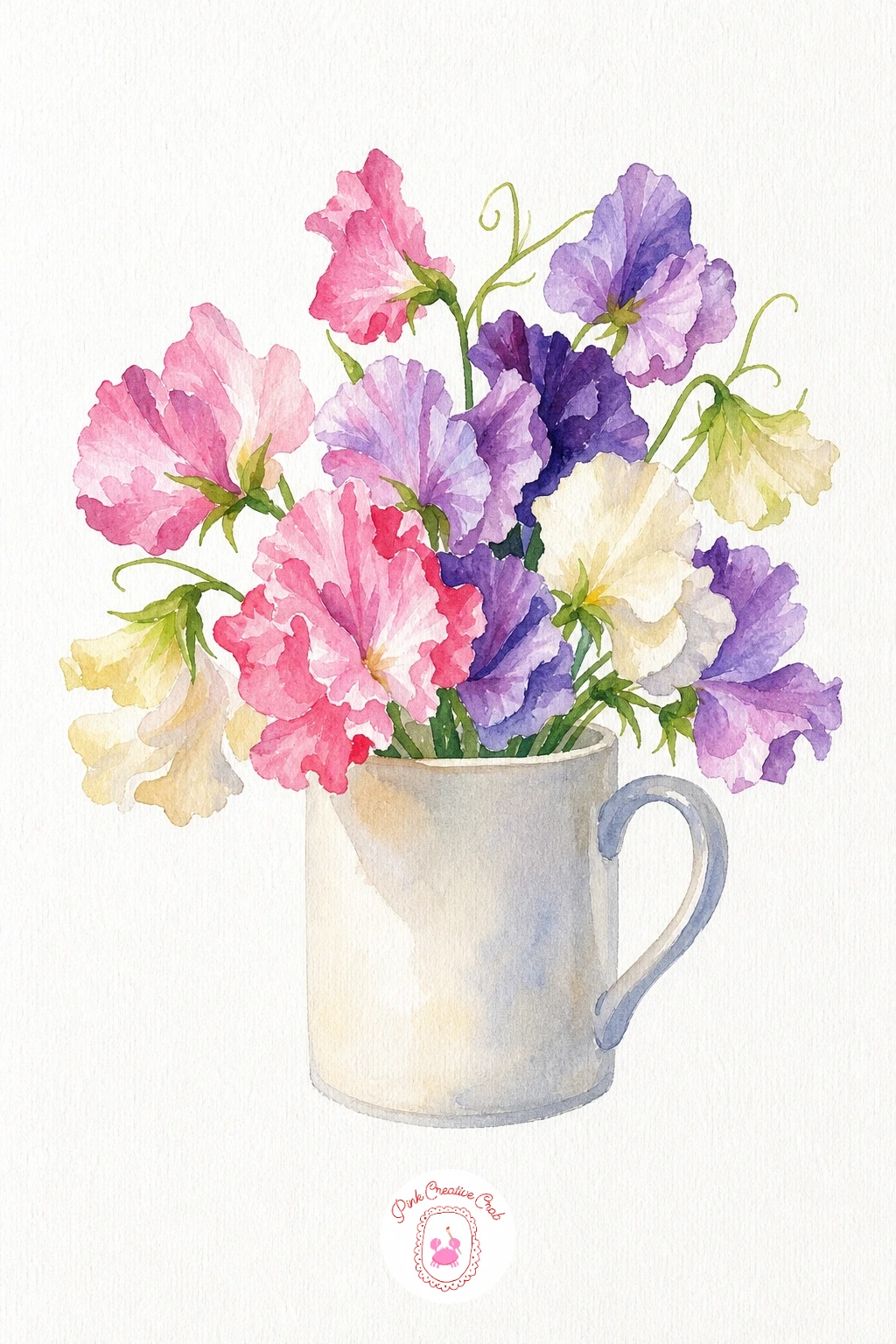 Mug of Sweet Peas — Each sweet pea is just two or three overlapping curved petal shapes, so paint them loosely in pink, lavender and cream, letting a little of
