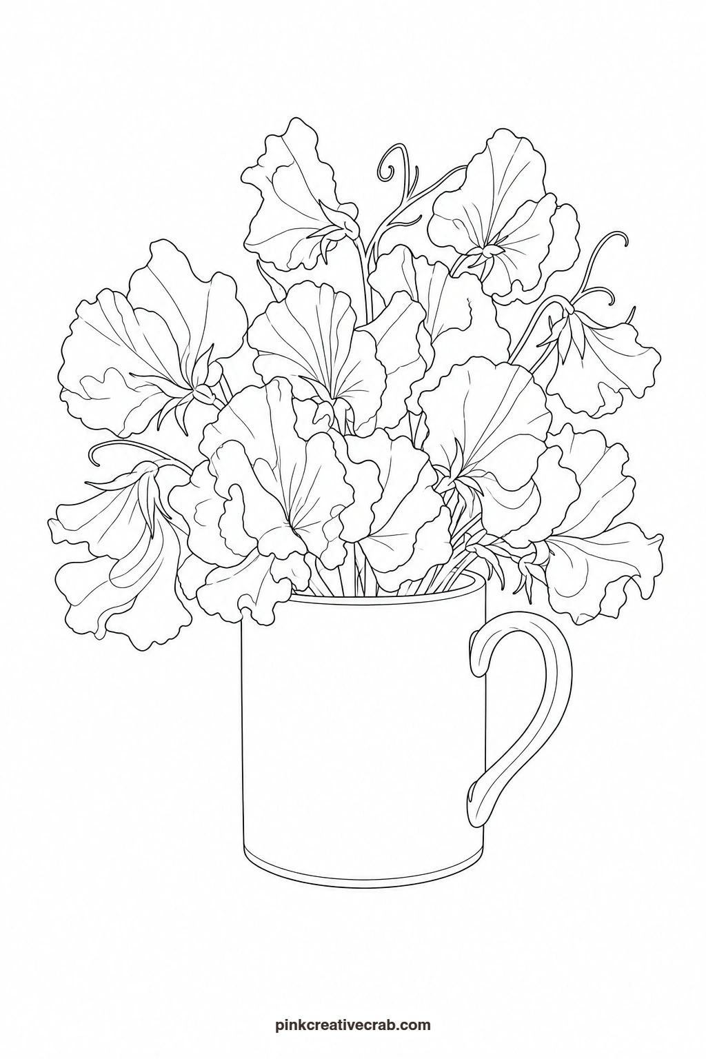 Mug of Sweet Peas Outline printable page. Watercolor flower bouquet