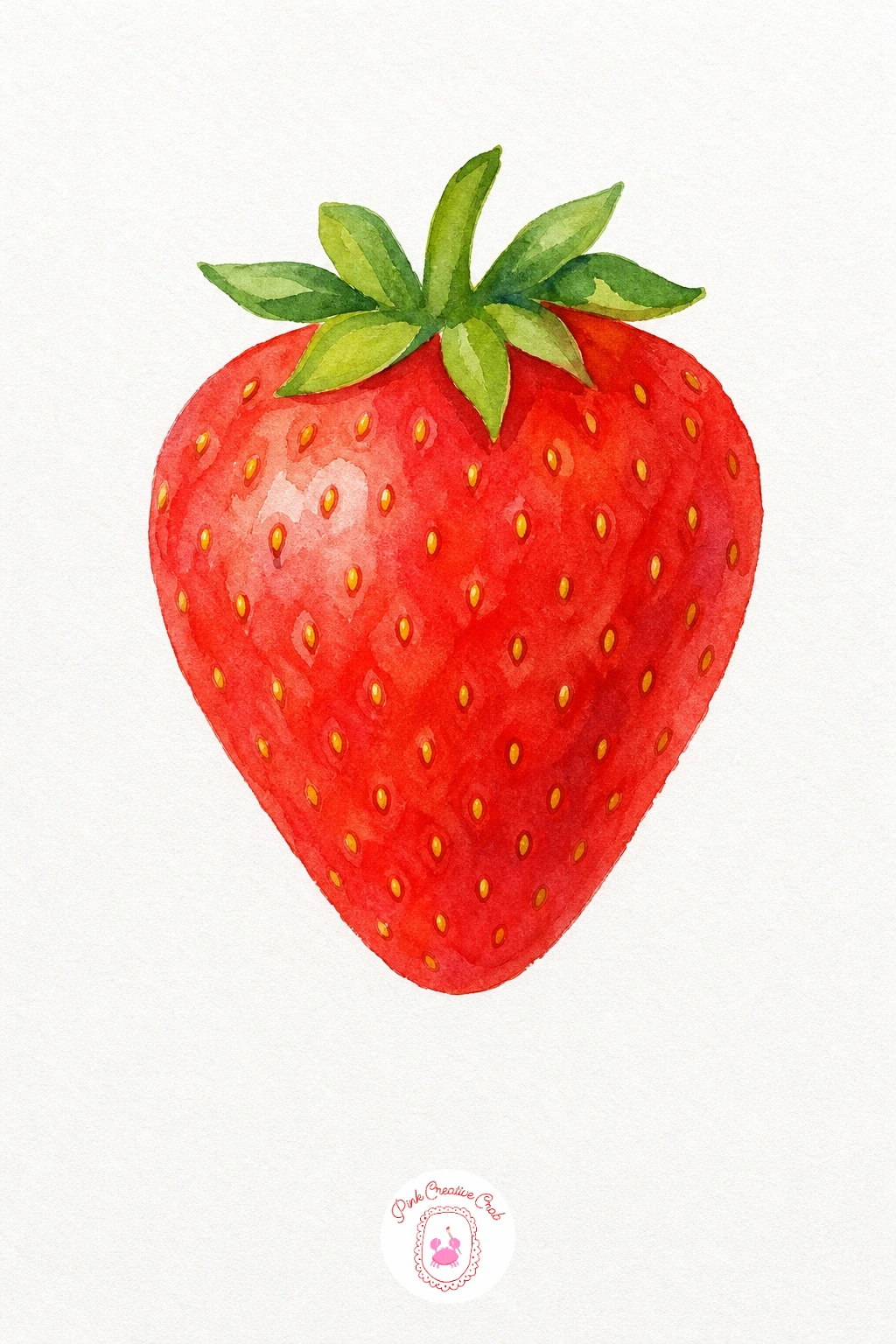 Strawberry With Leaf — Lay a wet wash of Cadmium Red over the whole berry, then drop a touch of Alizarin Crimson near the pointed tip while the paper is still