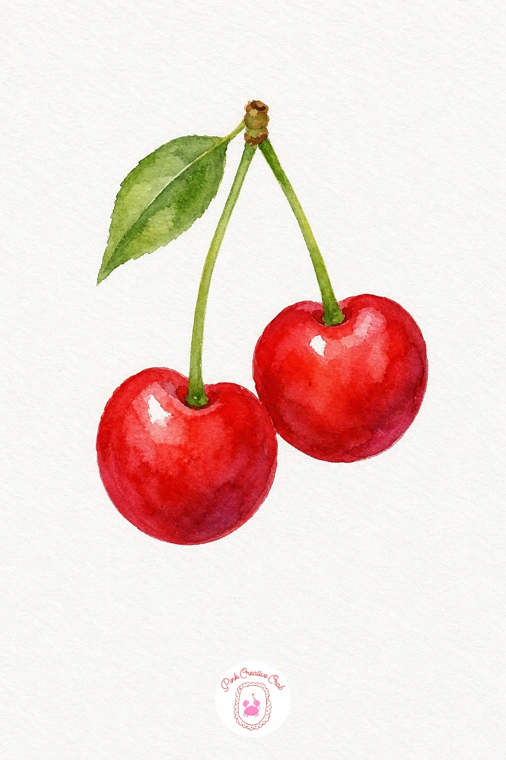 Two Cherries on One Stem — Paint both cherries in the same wet wash of Cadmium Red, adding a touch of Alizarin Crimson at the point where each cherry meets its
