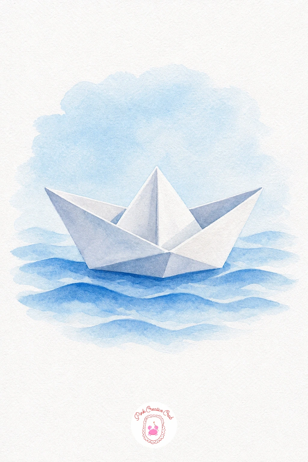 Paper Boat — Keep the boat itself pure white paper, painting only a thin grey line along the folded edges to show its shape, which makes the folds read clearly