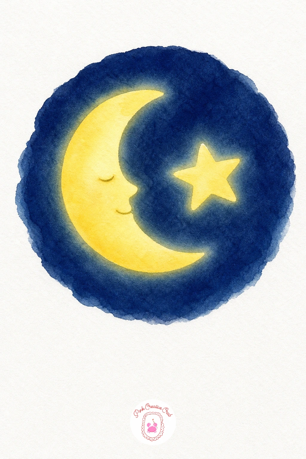 Moon and Star — Wash the sky first in deep Payne's Grey mixed with a touch of Indigo, leaving the crescent and star shapes untouched as white paper reserves.