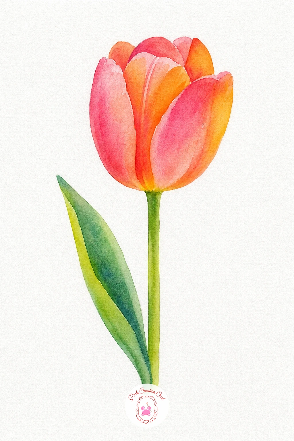 Tulip — Wet the whole petal cup and drop warm pink in at the base, pulling a touch of orange up toward the rounded top edge so the two colors blend into each