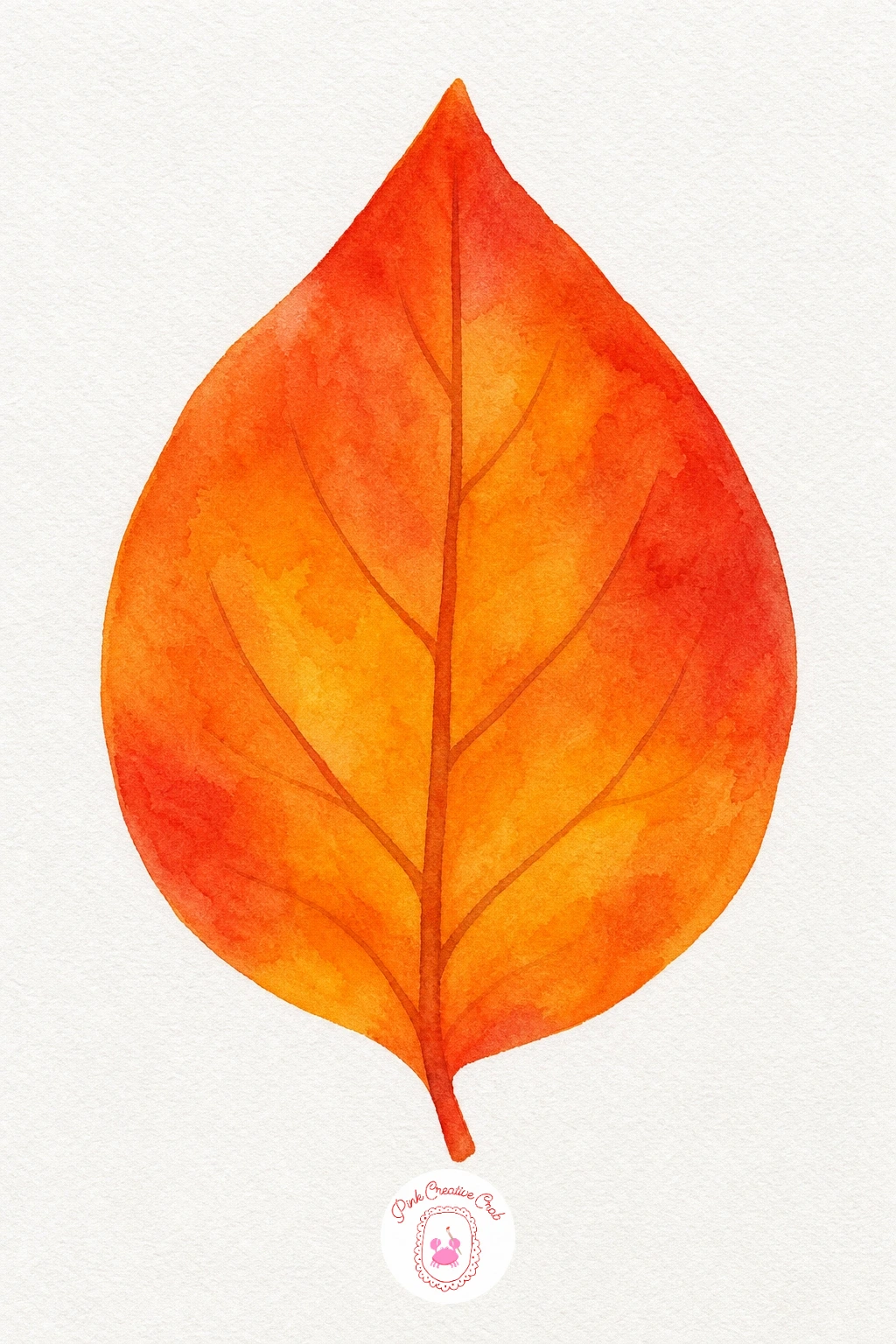 Leaf — Wet the whole leaf shape and drop warm Cadmium Orange in from the base, pulling a touch of Alizarin Crimson toward the pointed tip so the two colors