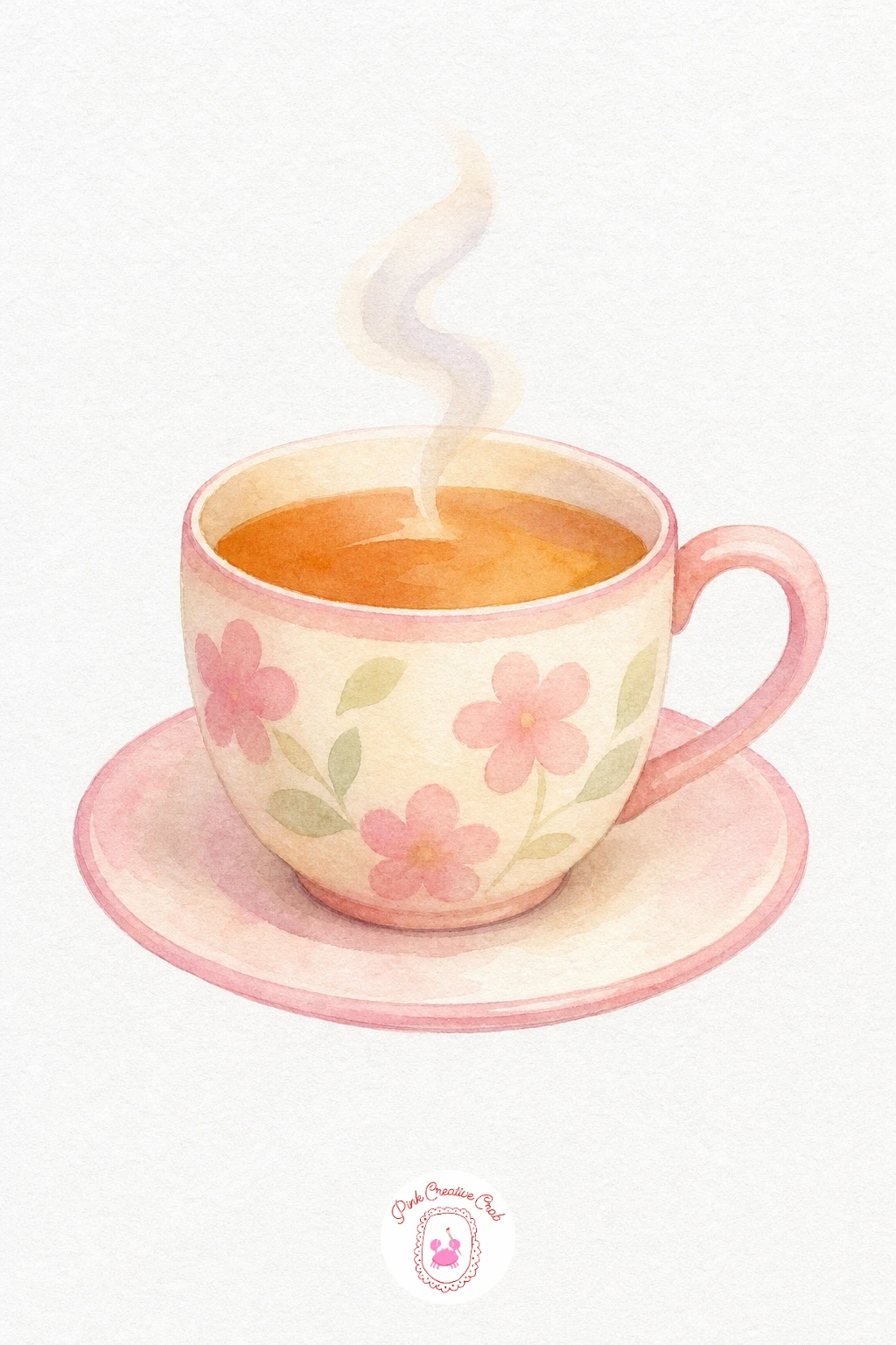 Cup of Tea — Paint the cup and saucer in one flat pastel wash, keeping the handle as a thin unbroken loop so it reads clearly against the white background.