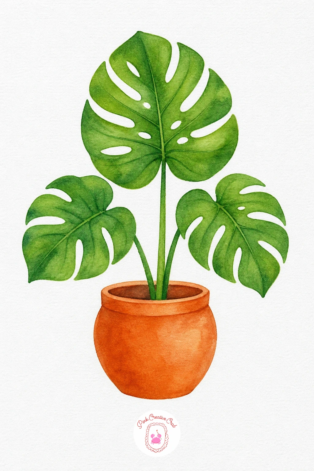 Monstera in a Pot — Paint the pot first in warm terracotta orange, keeping the wash flat and letting it dry before you touch the leaves. Watercolor potted