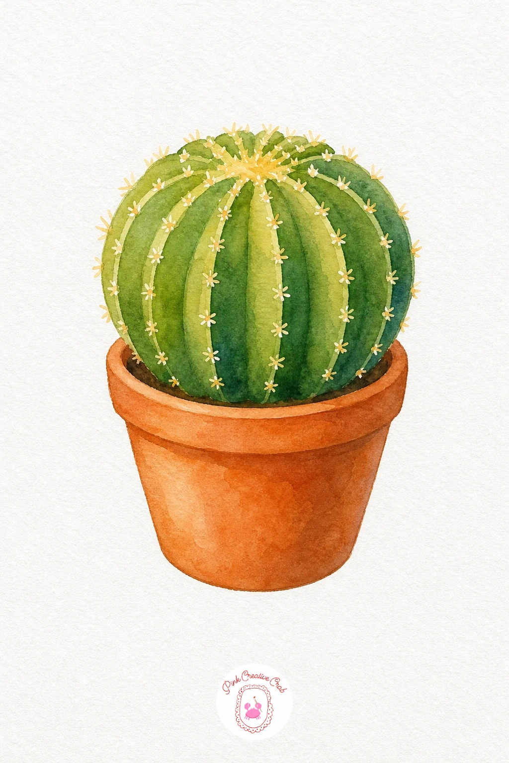 Barrel Cactus in a Pot — Paint the whole cactus body in one flat green wash first, then let it dry completely before adding the ribs. Watercolor potted plants
