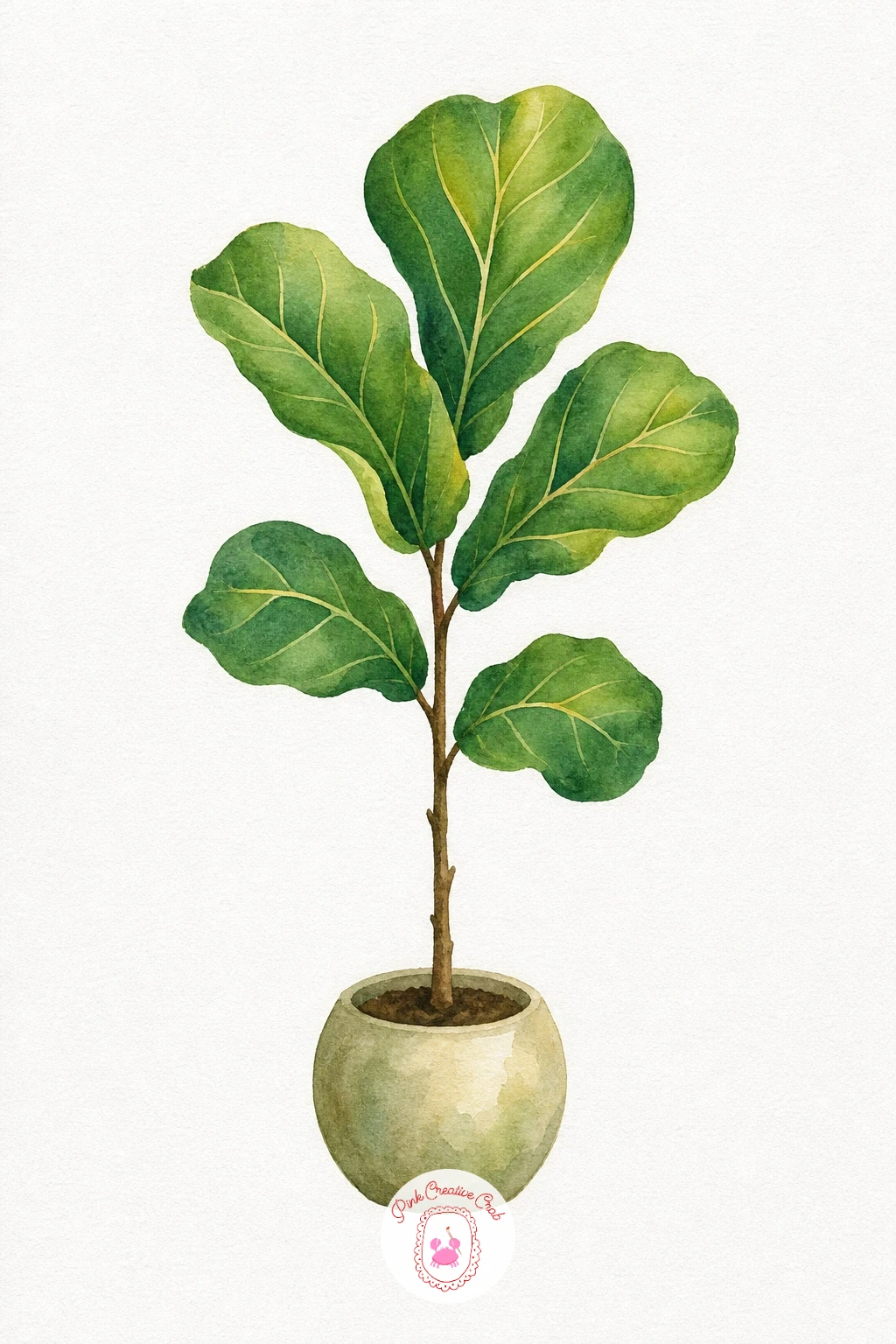 Fiddle Leaf Fig — Start each broad leaf with a wash of mid green, then while it is still wet drop a touch of warmer yellow green near the leaf's centre so the