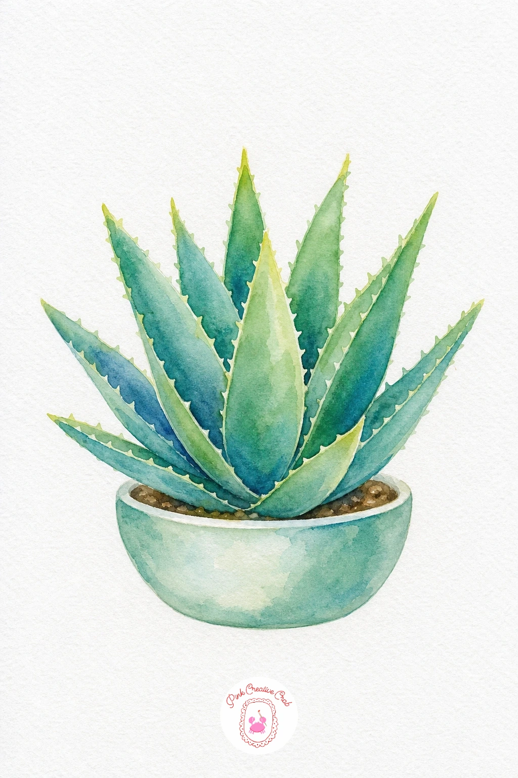 Aloe — Mix a cool blue green and fill each thick pointed leaf with a flat wash, working from the outer leaves inward so the shapes stay separate while wet.