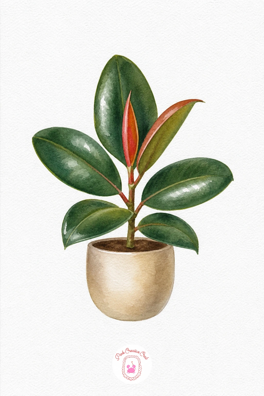 Rubber Plant — Fill the older, larger leaves with a deep green wash, then paint the newest, smaller leaf at the top in a warm reddish brown to capture the