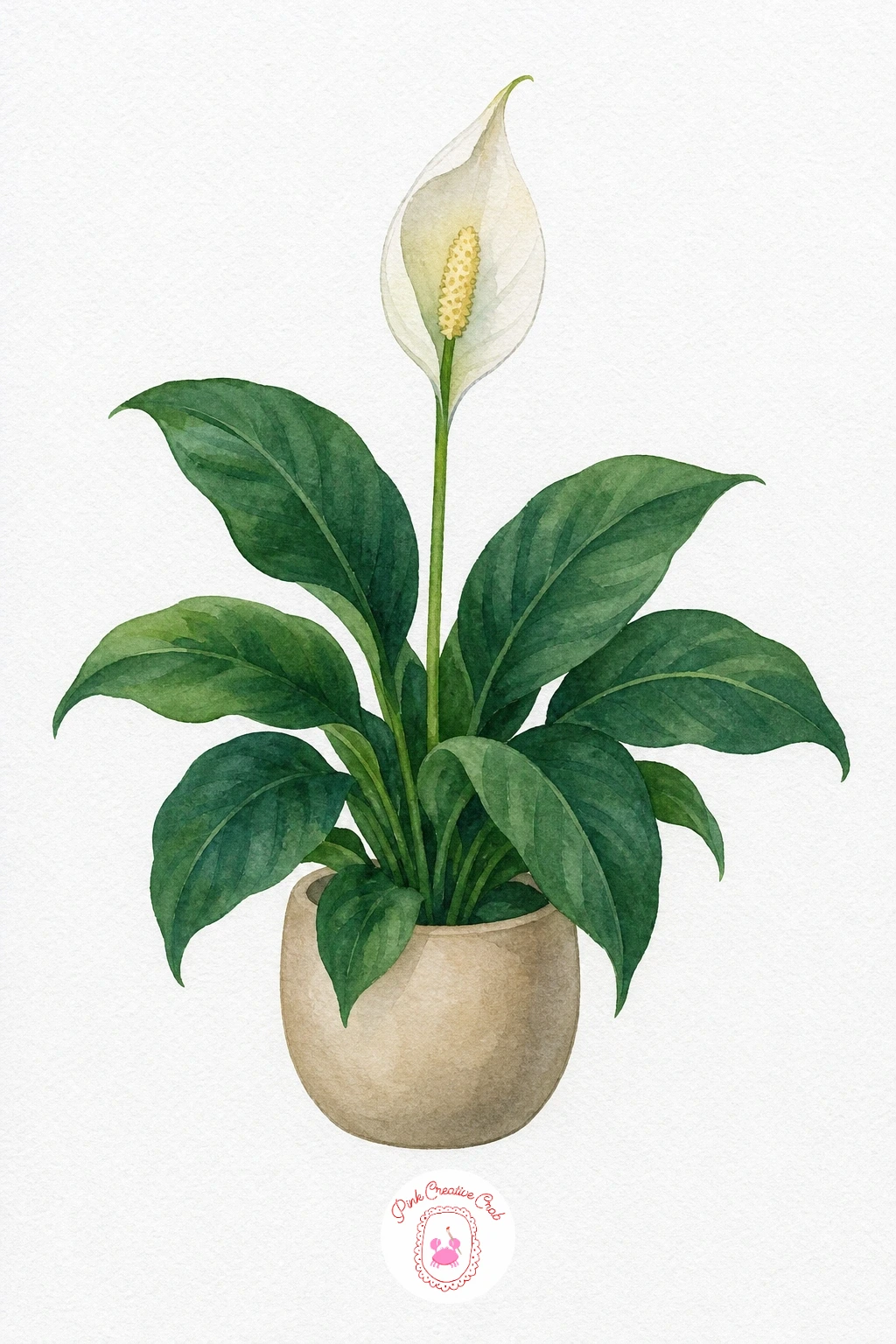 Peace Lily — Paint the leaves first in a deep green, leaving the white bloom shape untouched on the paper. Watercolor potted plants