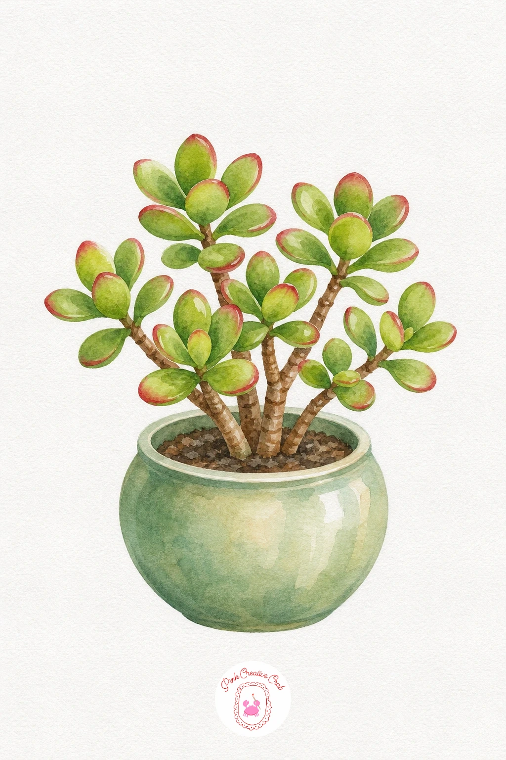 Jade Plant — Paint the thick woody stems first in a warm brown so they are dry before the leaves go in around them. Watercolor potted plants