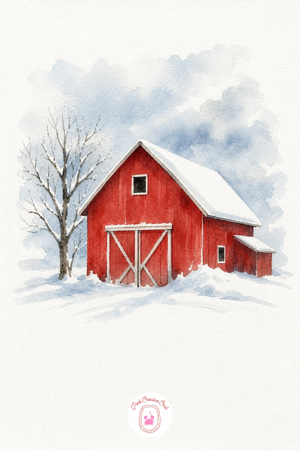 Winter Barn in the Snow — Wash the sky first with a pale grey-blue, letting it fade lighter near the horizon while still damp. Winter watercolor paintings