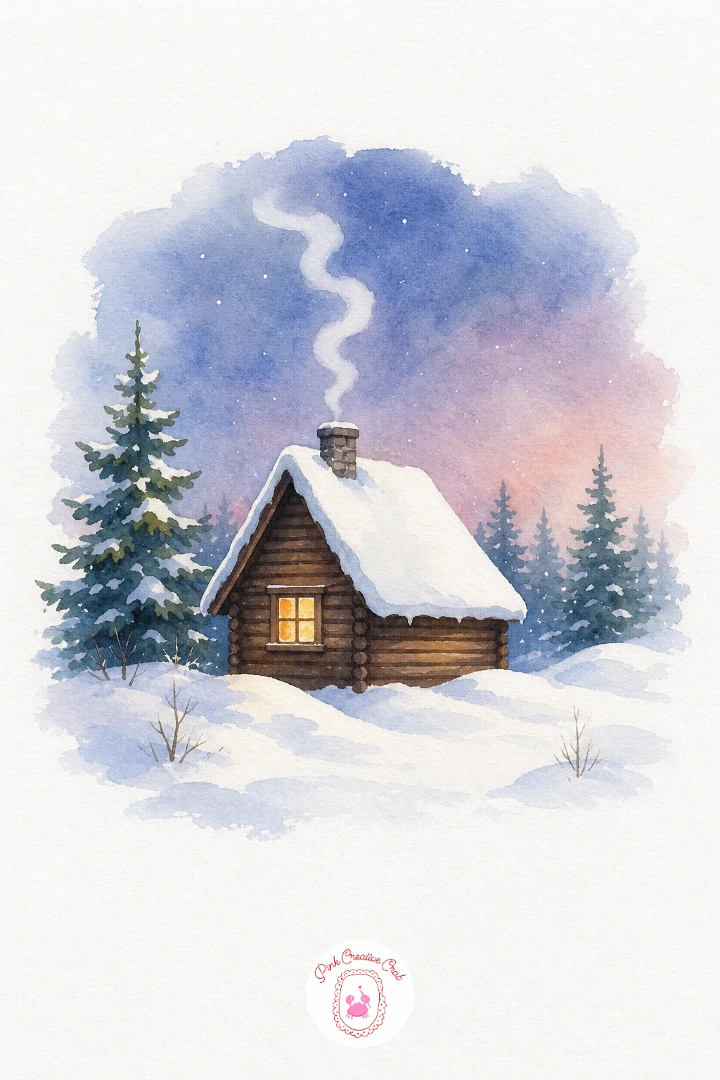 Snowy Cabin With Smoke — Start with the sky in a dusky blue-purple wash, keeping it soft and even, then let it dry fully before adding the cabin. Winter