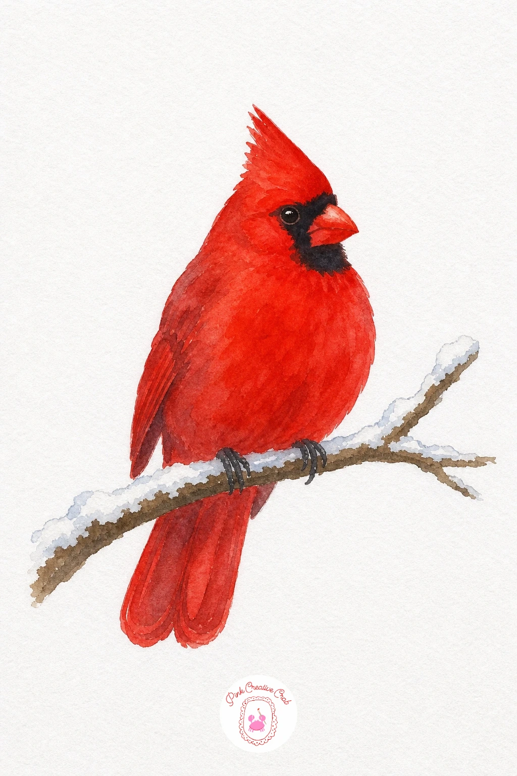 Cardinal on a Snowy Branch — Paint the cardinal's body in a bold red wash, leaving the wing area slightly lighter by adding a touch more water there so the