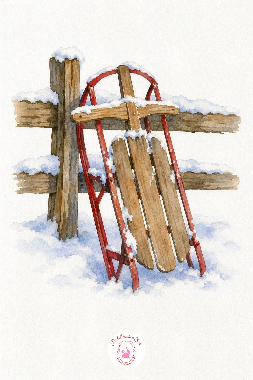 Sled by a Fence — Paint the fence rails first in a weathered grey-brown, keeping the strokes a little uneven so the wood looks aged rather than new. Winter