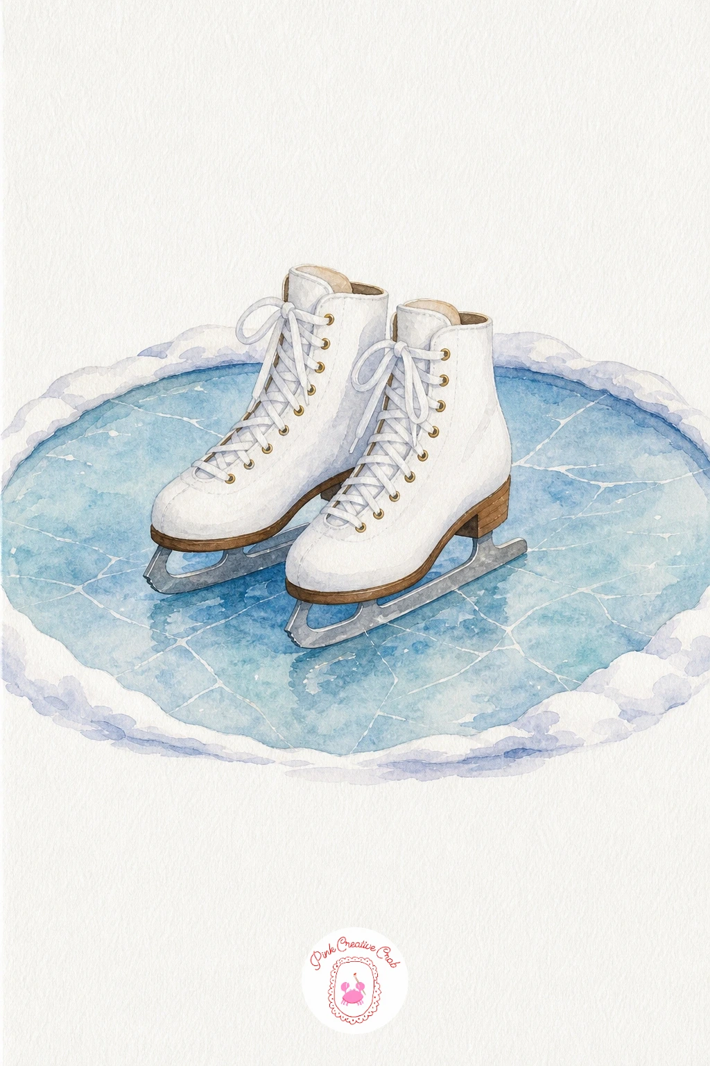 Frozen Pond With Skates — Wash the pond's ice in a very pale blue, leaving streaks of bare white paper untouched so the surface looks reflective rather than
