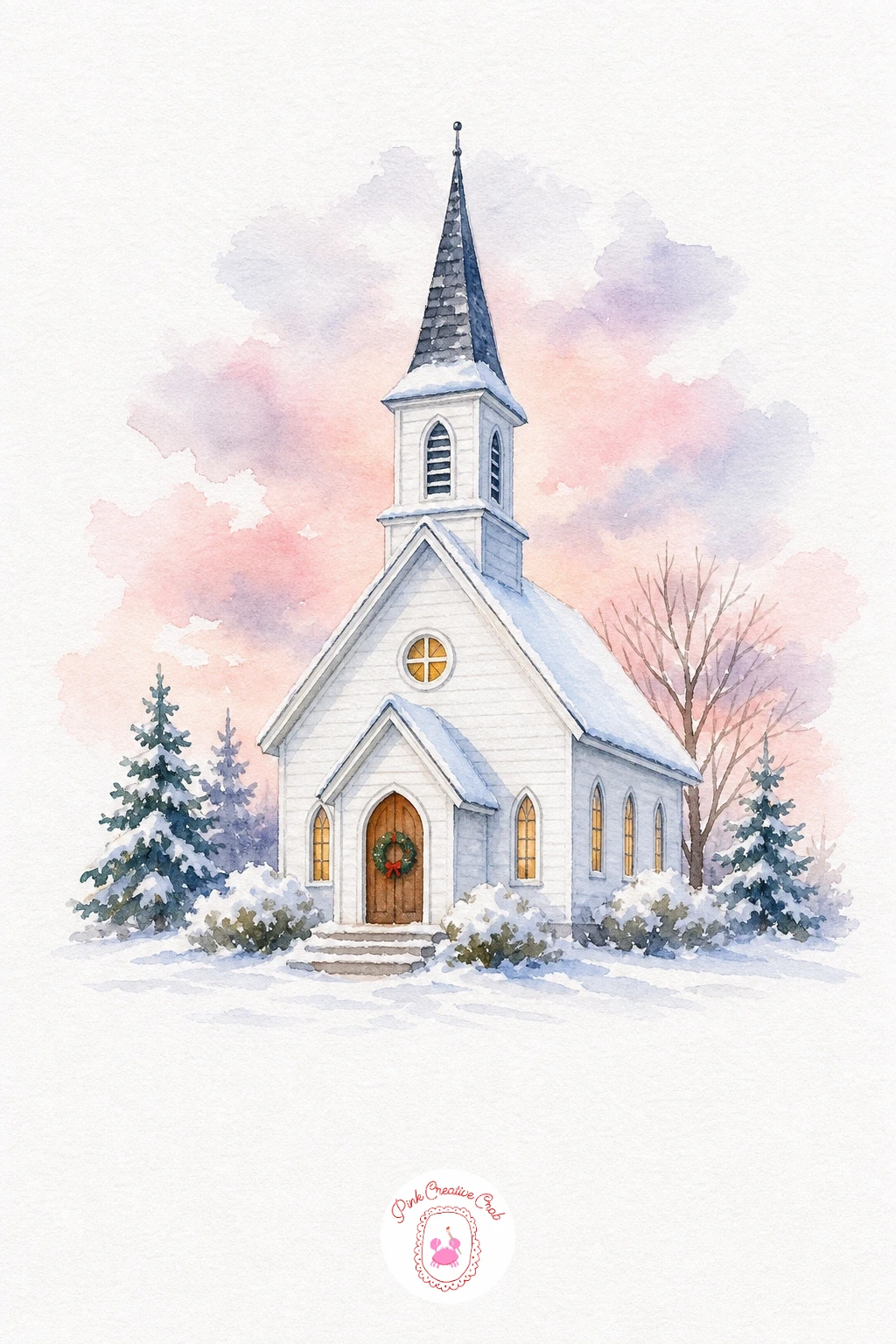 Snowy Village Church — Wash the sky in a gentle pink-grey, the kind of color a winter dusk carries, and let it dry completely before touching the church.