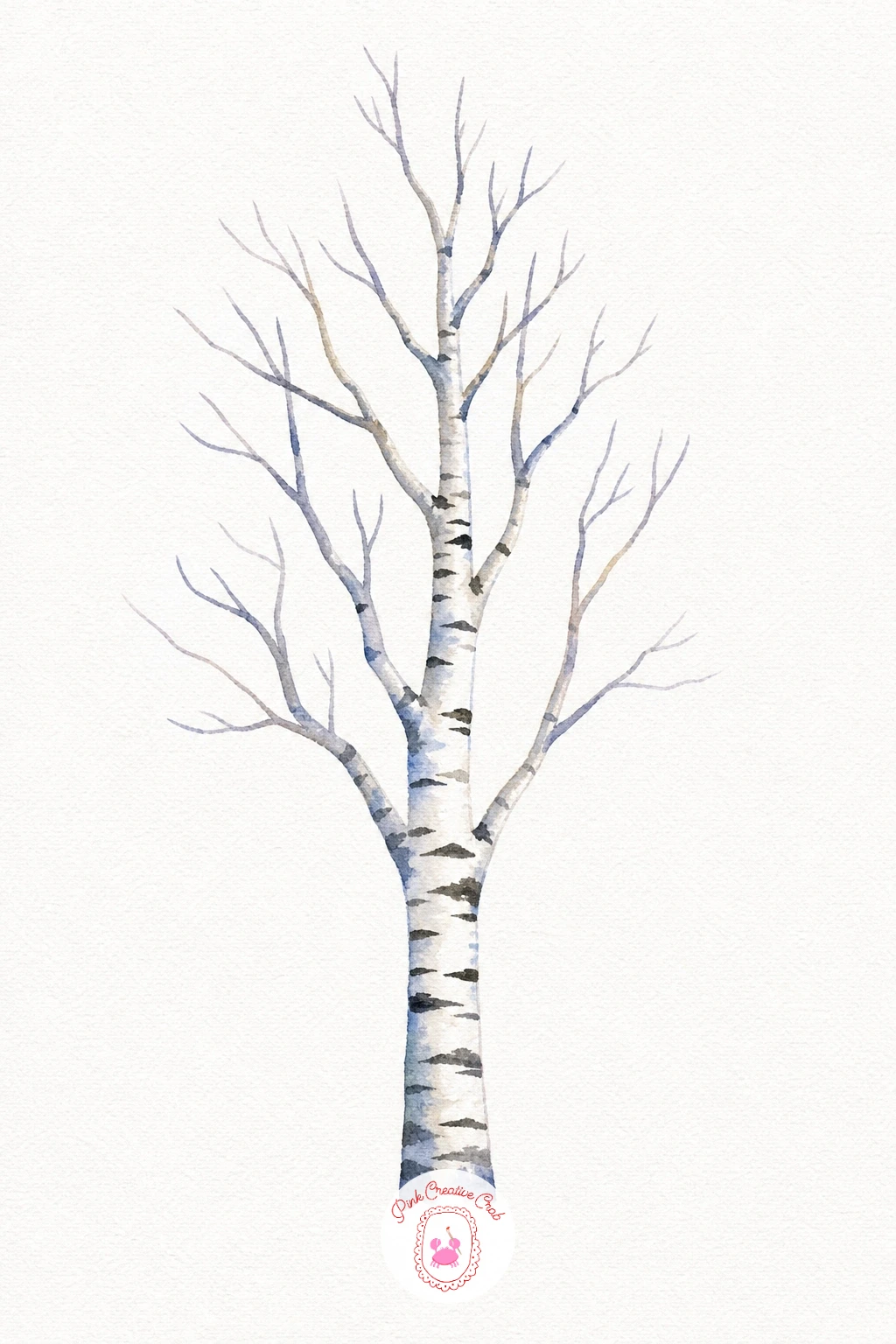 Winter Birch Tree — Leave the trunk as bare white paper and paint only short, loose horizontal dashes of dark grey-black up its length, spacing them unevenly