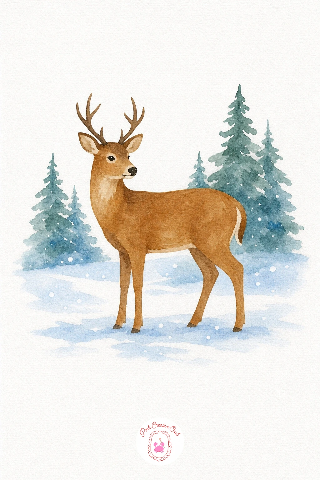 Deer in the Snow — Paint the deer's body in one warm brown wash, keeping the shape smooth and simple, then drop a slightly darker brown along the back and legs