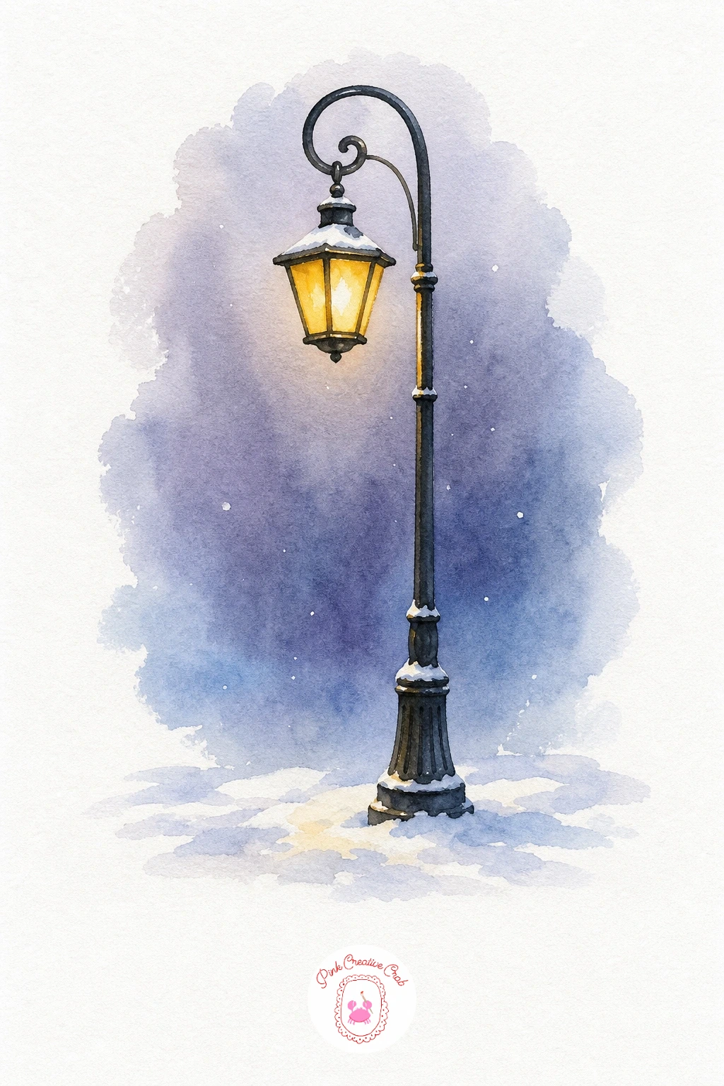 Snowy Lamppost — Paint the post itself in a flat black or deep charcoal, keeping the curve smooth with one confident brushstroke rather than several short