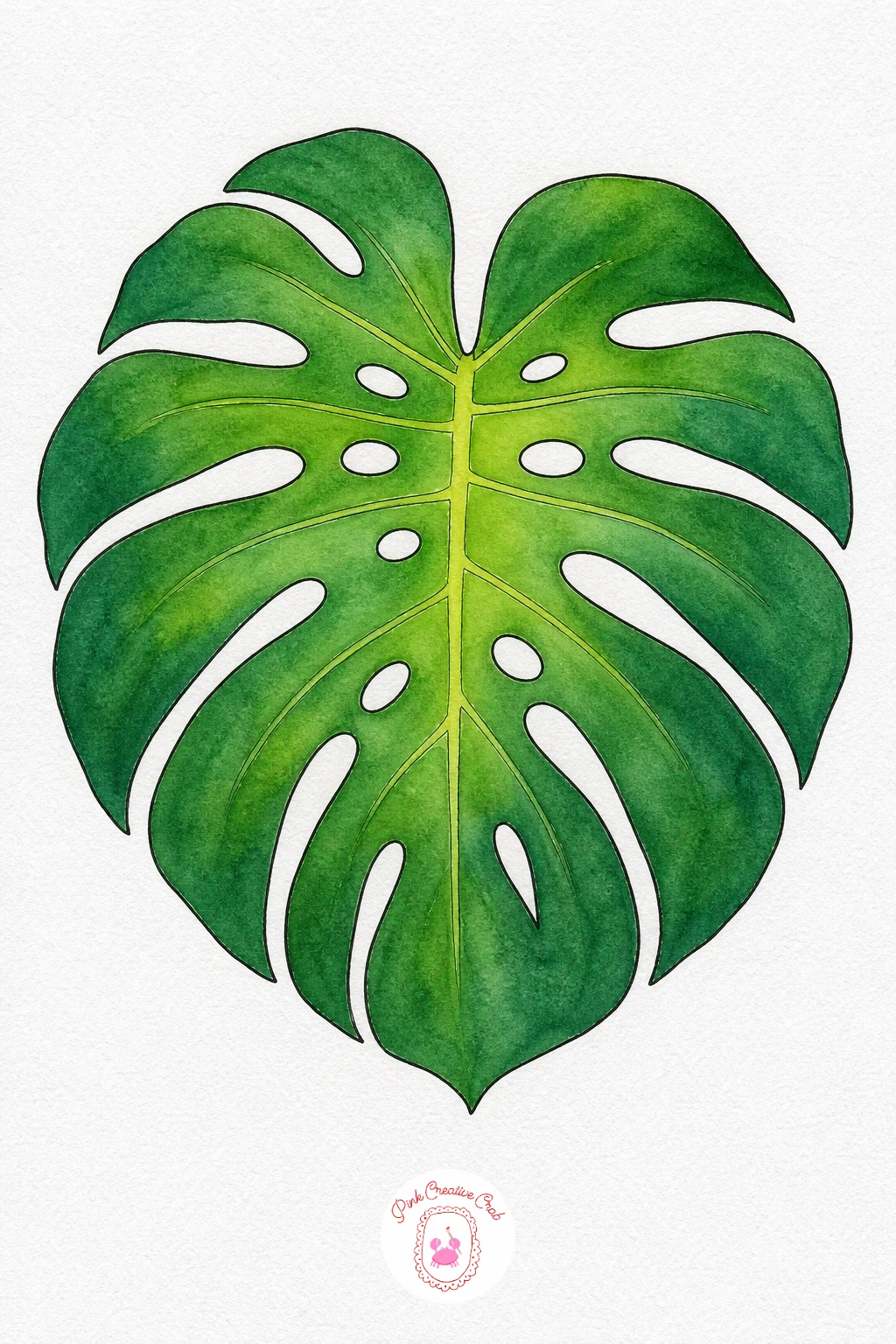 Monstera Leaf — Wet the whole leaf shape first, then drop a strong green into the outer edges and a lighter yellow-green near the central vein, letting the