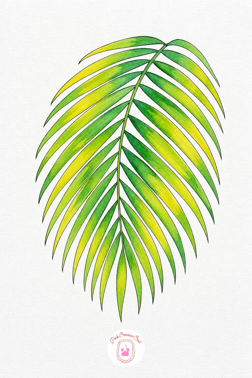 Palm Frond — Paint each long leaflet with one smooth stroke from the central stem outward, using a bright warm green and letting a touch of yellow bleed in