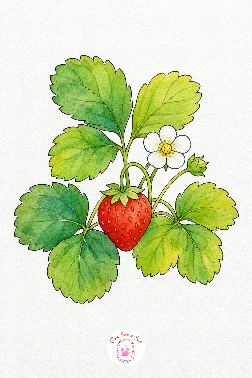 Strawberry Plant With One Berry — Paint the strawberry first in a bright red wash, leaving small white dots unpainted or added later in white gel pen for the
