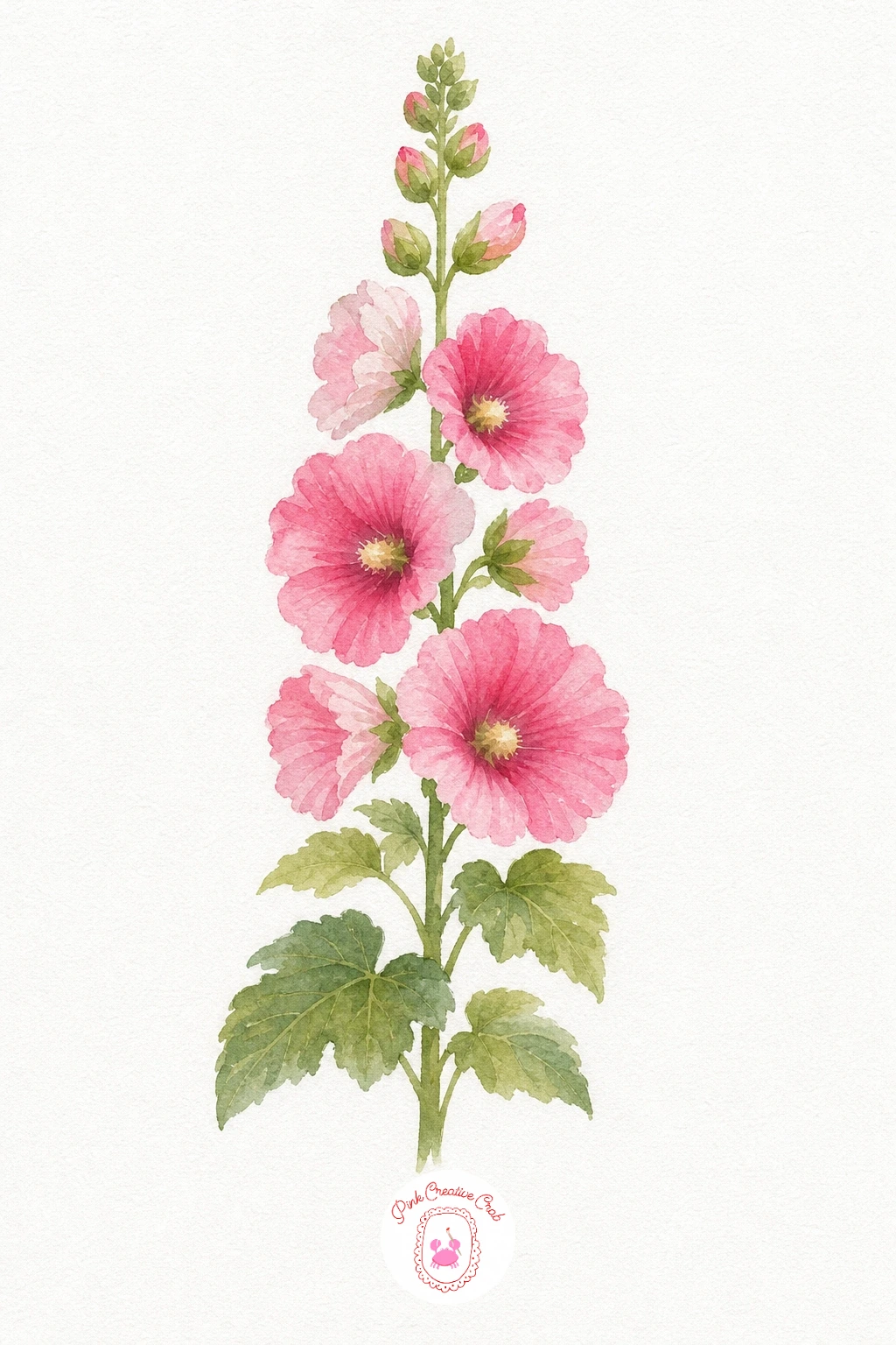 Hollyhock Stem — Paint each saucer-shaped blossom along the stem in a slightly different strength of pink, so the flowers near the bottom can read a touch