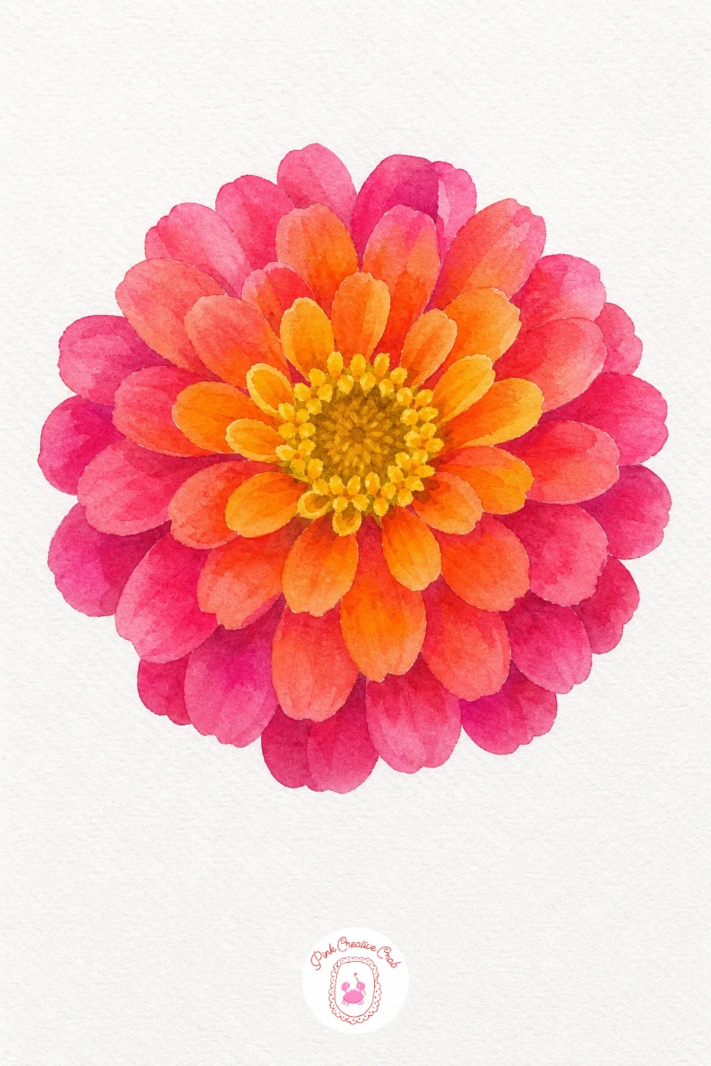 Zinnia — Wash the outer row of petals in hot pink and the inner rows in a warmer orange-pink, working row by row toward the center so the layering stays