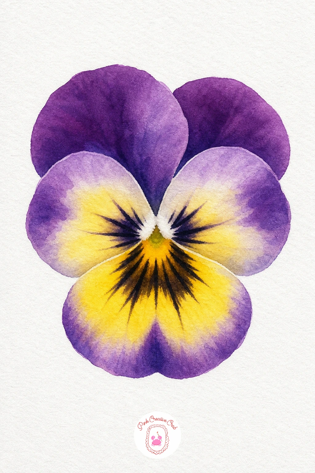 Pansy Face — Paint the two upper petals in deep violet and the three lower petals in a warm yellow, letting the colors meet and blend slightly where the petals